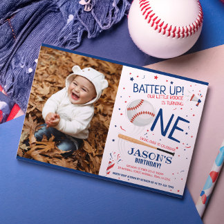 Batter Up Blue Rookie Baseball Foto 1. Geburtstag Einladung