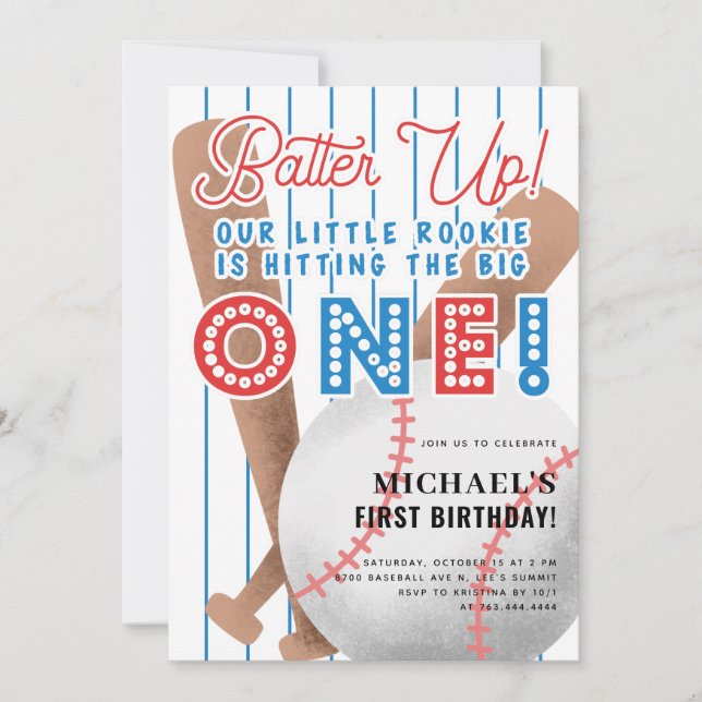 Batter Up Little Rookie Baseball 1. Geburtstag Einladung (Vorderseite)