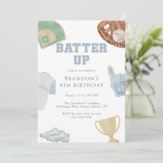 Batter up Preppy Blue Baseball Bow 4. Geburtstag Einladung