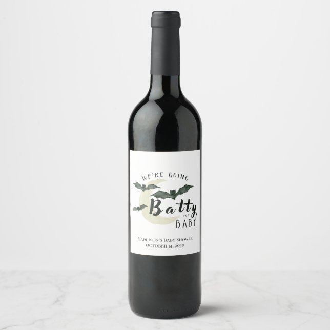 Batty für Baby Fall Moon Halloween Babydusche Weinetikett (Vorderseite)