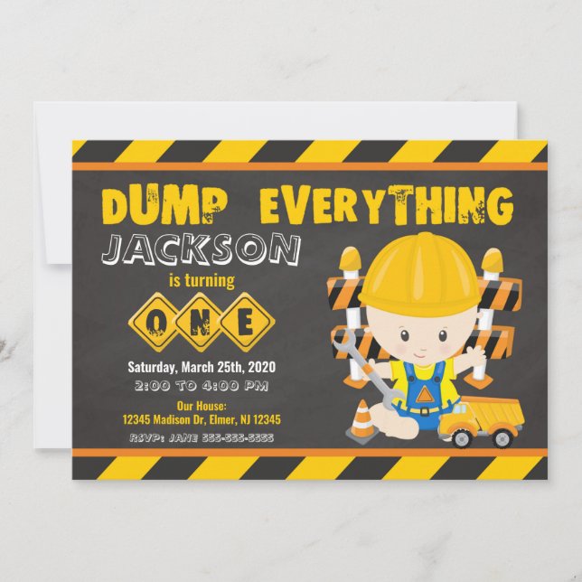 Bau 1. Geburtstag Einladung Chalkboard (Vorderseite)