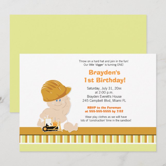 Bau Baby Custom 1. Geburtstag Einladung (Vorne/Hinten)