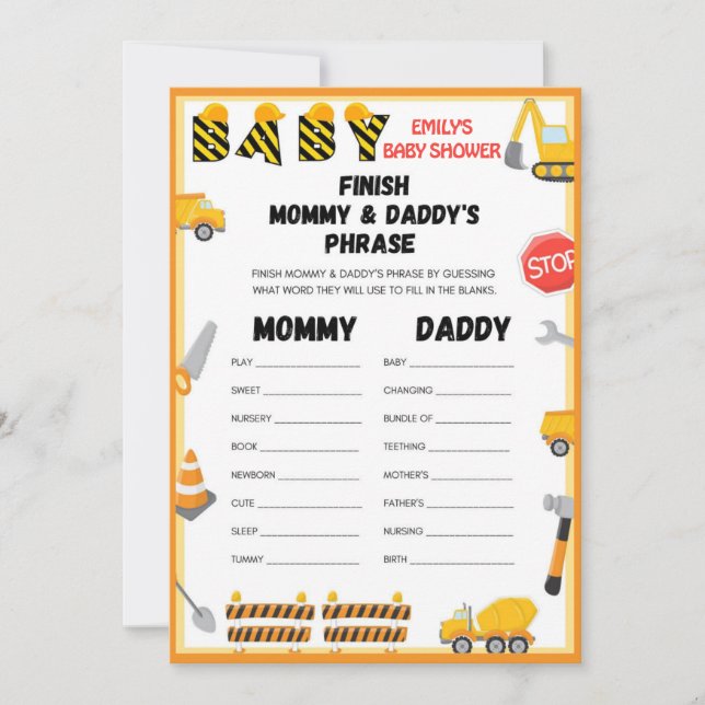 Bau Baby Showspiel - Bearbeitbarer Name - in Einladung (Vorderseite)