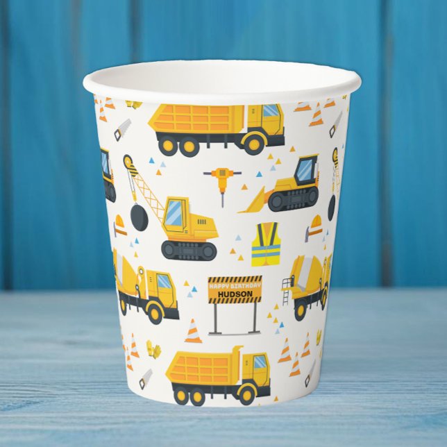 Bau Birthday Party Paper Cups - Yellow Du Pappbecher (Cute Construction Vehicle Birthday Party Paper Cups)