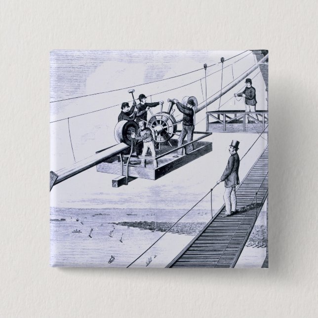 Bau der Brooklyn-Brücke, New York (litho) Button (Vorderseite)