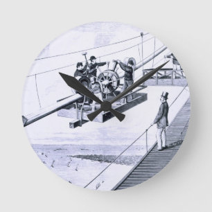 Bau der Brooklyn-Brücke, New York (litho) Runde Wanduhr