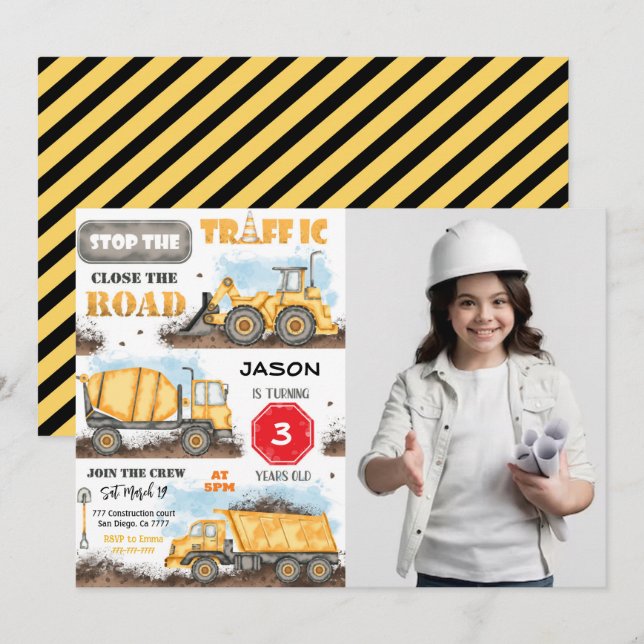Bau Geburtstagsparty Einladung mit Foto (Vorne/Hinten)