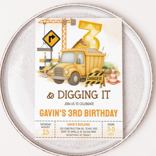 Bau Gravur es 3. Geburtstag Party Einladung (3 and Digging It Contruction Birthday Party Invitation)
