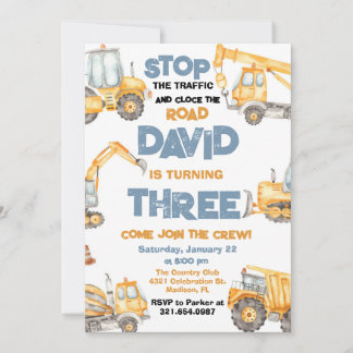 Bau-LKWs 3. Geburtstag Party Einladung