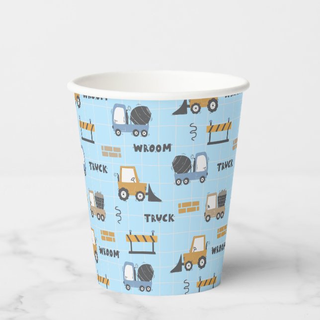 Bau von Lastkraftwagen Muster blau Pappbecher (Vorderseite)