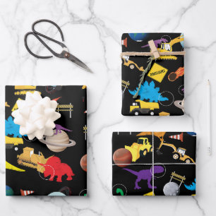 Bau von LKWs Astronaut Dinosaurier im Weltraum Geschenkpapier Set