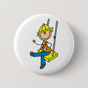 Bauarbeiter auf Hochhaus-Knopf Button