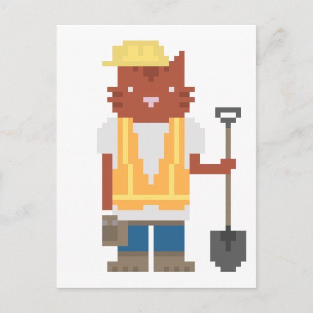 Bauarbeiter Cat Pixel Art Postkarten (Vorderseite)