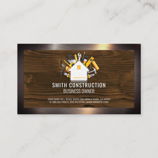 Bauarbeiter | Zuhause Repair Logo | Metallisch Visitenkarte (Vorderseite)