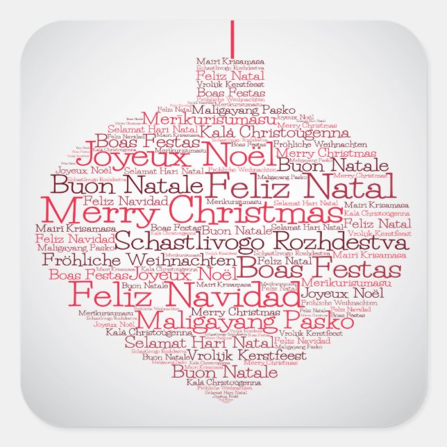 Bauble aus "Frohe Weihnachten"-Wörtern Quadratischer Aufkleber (Vorderseite)