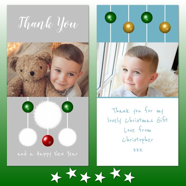 Baubles Snowballs und Fotos graublau Weihnachten Dankeskarte (Von Creator hochgeladen)