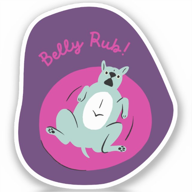 "Bauch rub" lustiger Hund illustriert lila Retro Aufkleber (Vorderseite)