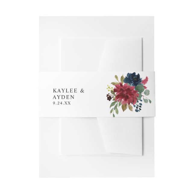 Bauchband, Burgund & Navy, florale Einladung Einladungsbanderole (Vorderseite Beispiel)