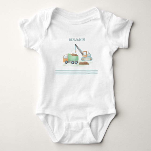 Baudump Truck Soft Green Blue Boy Name Baby Strampler (Vorderseite)