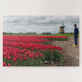 Bauer, der seine Tulpen und Windmühle kontrolliert