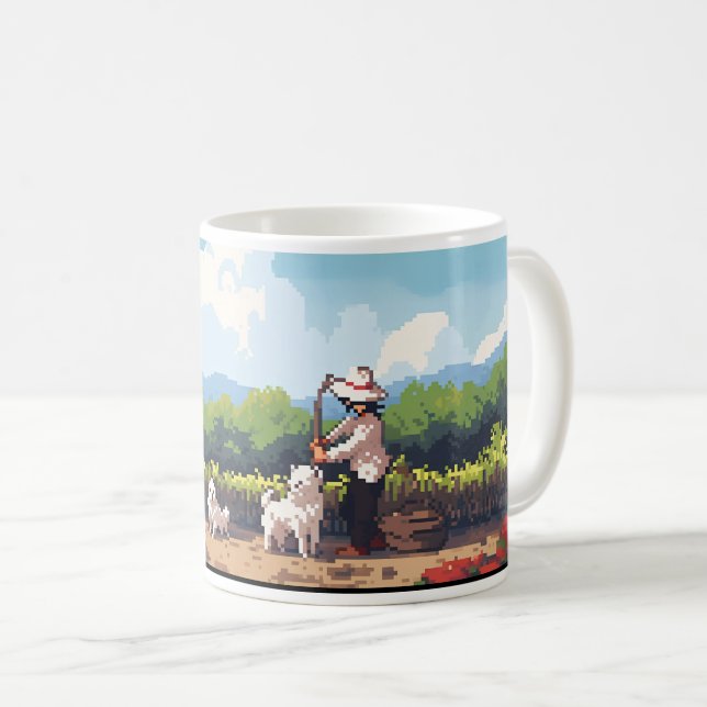 Bauer, Hund und Bauernhof in Pixel Kaffeetasse (VorderseiteRechts)