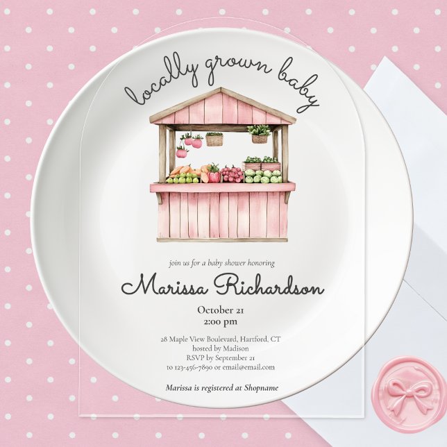 Bauer Market Baby Dusche Acryleinladungen (cute whimsical rustic pink locally grown baby farmers market baby girl shower acrylic invitation)