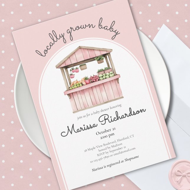 Bauer Market Baby Dusche Einladung (locally grown baby pink farmers market baby girl shower invitation vintage rustic garden theme)