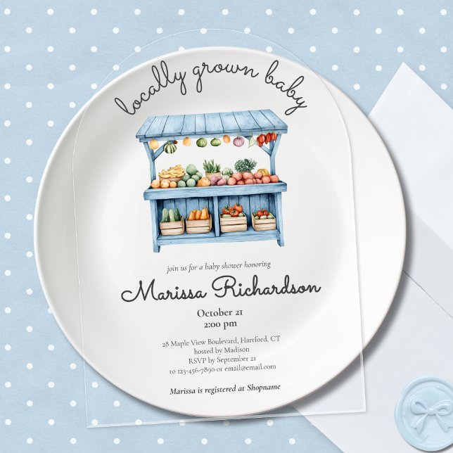 Bauer Market Boy Baby Dusche Acryleinladungen (blue farmers market locally grown baby boy shower acrylic invitation, rustic garden party picnic)