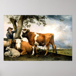 Bauer mit Kühen und Schafen Poster