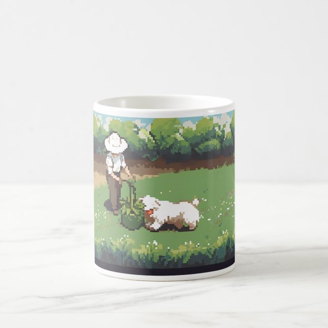 Bauer und ein Hund in Pixel Art Kaffeetasse (Mittel)