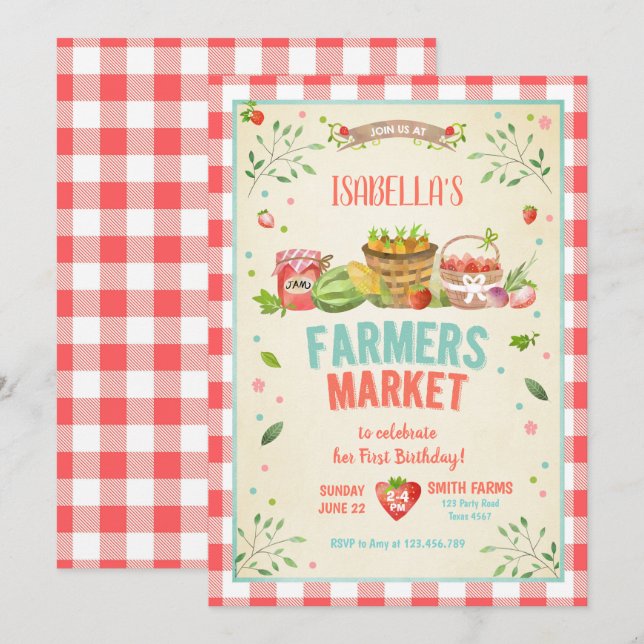 Bauern vermarkten gewachsenes Veggies-Frucht-rotes Einladung (Vorne/Hinten)