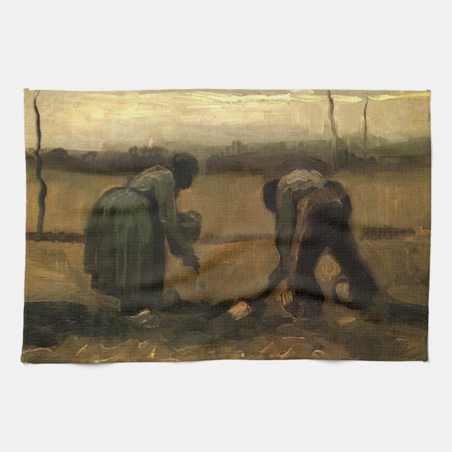 Bauernfrau Pflanzende Kartoffel von Vincent van Go Geschirrtuch (Horizontal)