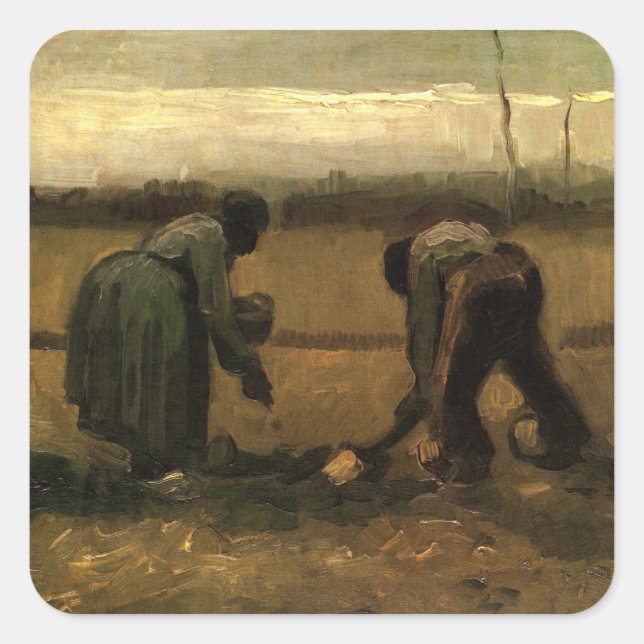 Bauernfrau Pflanzende Kartoffel von Vincent van Go Quadratischer Aufkleber (Vorderseite)