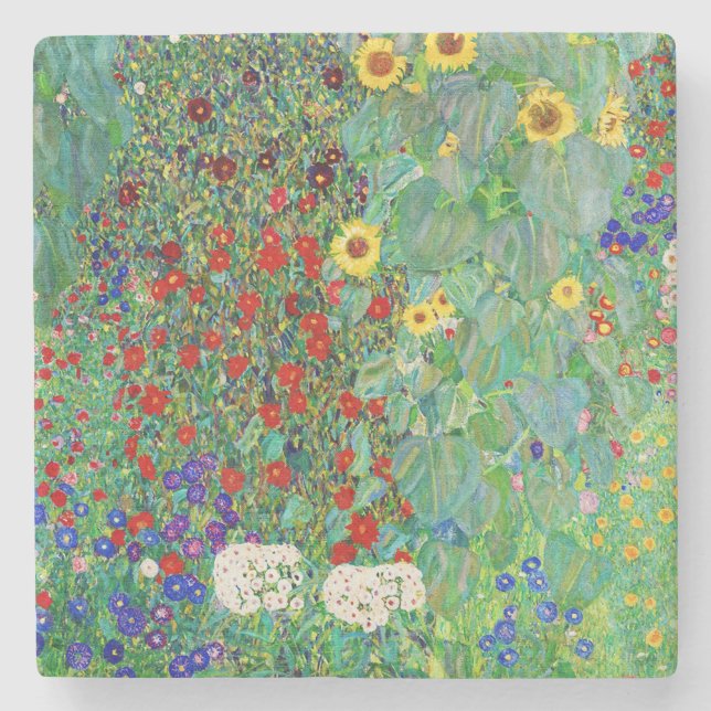 Bauerngarten Gustav Klimt mit Sonnenblumenmalereie Steinuntersetzer (Vorderseite)