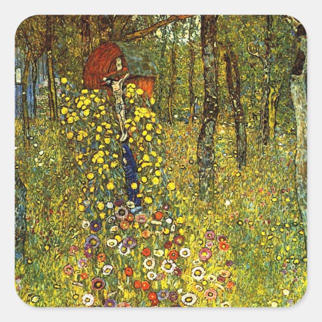 Bauerngarten mit Crucifix von Gustav Klimt Quadratischer Aufkleber (Vorderseite)