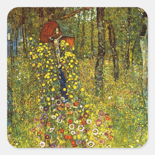 Bauerngarten mit Kruzifix von Gustav Klimt Quadratischer Aufkleber