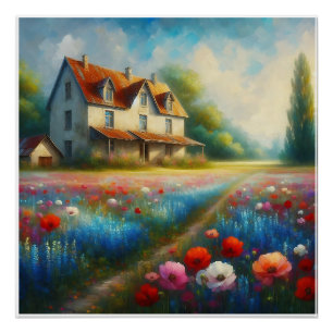 Bauernhaus auf einem Blumenfeld Poster