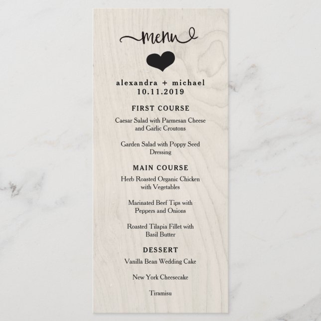 Bauernhaus Chic | White Wood and Heart Wedding Men Menükarte (Vorderseite)