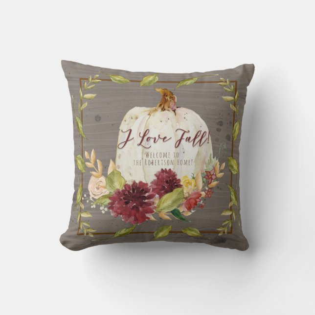 Bauernhaus Fall White Pumpkin Burgund Grau Floral Kissen (Vorderseite)
