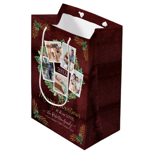 Bauernhaus Familie Foto Frohe Weihnachtskranz Holz Mittlere Geschenktüte (Vorderseite Schrägansicht)