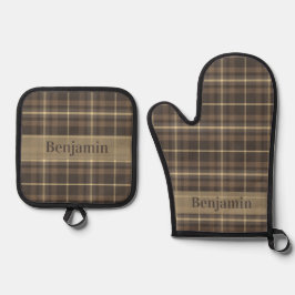 Bauernhaus-Karo in Beige & Braun und benutzerdefin Ofenhandschuh & Topflappen-Set