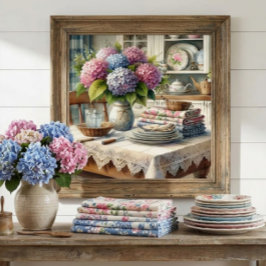 Bauernhaus Küche mit Hydrangea-Blume Poster