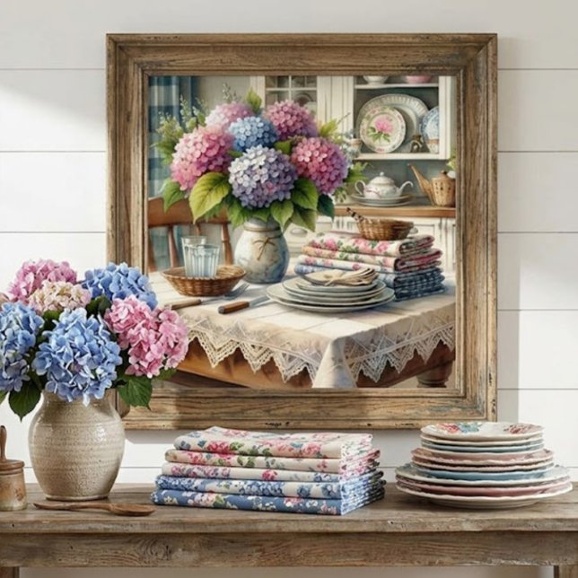 Bauernhaus Küche mit Hydrangea-Blume Poster (Von Creator hochgeladen)