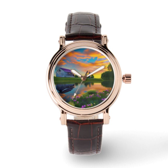 Bauernhaus Lila Dachpfeifen bei Sonnenaufgang Armbanduhr (Vorderseite)