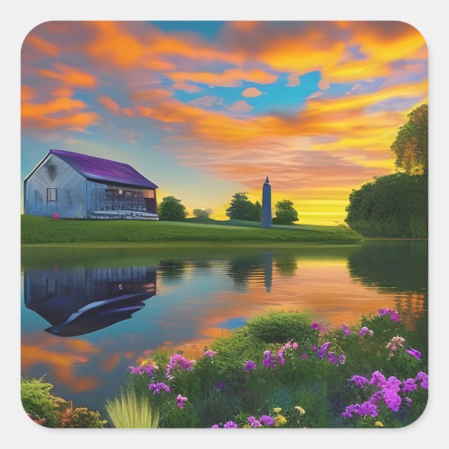 Bauernhaus Lila Dachpfeifen bei Sonnenaufgang Quadratischer Aufkleber (Vorderseite)