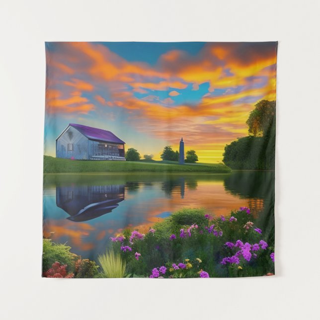 Bauernhaus Lila Dachpfeifen bei Sonnenaufgang Wandteppich (Vorderseite)