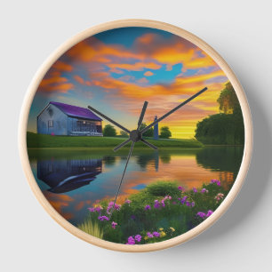 Bauernhaus mit lila Dach am Teich bei Sonnenaufgan Uhr