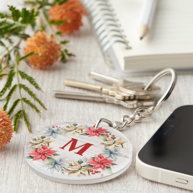 Bauernhaus Poinsettia Chic Winter Wreath Monogram Schlüsselanhänger (Vorderseite rechts)
