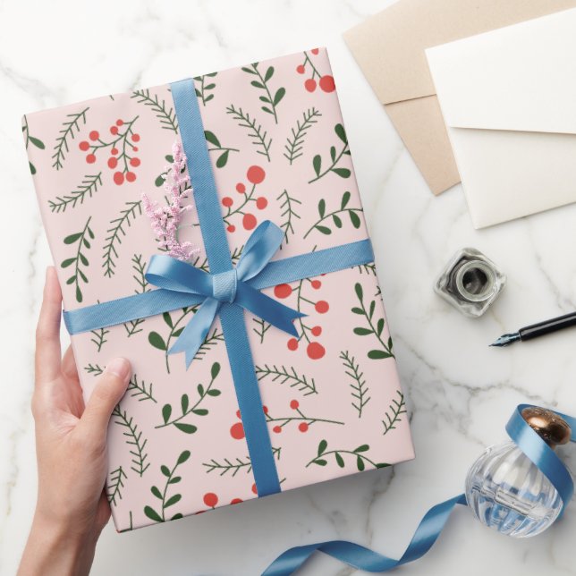 Bauernhaus Rosa dunkelgrünes Blattmuster Geschenkpapier (Schenken)