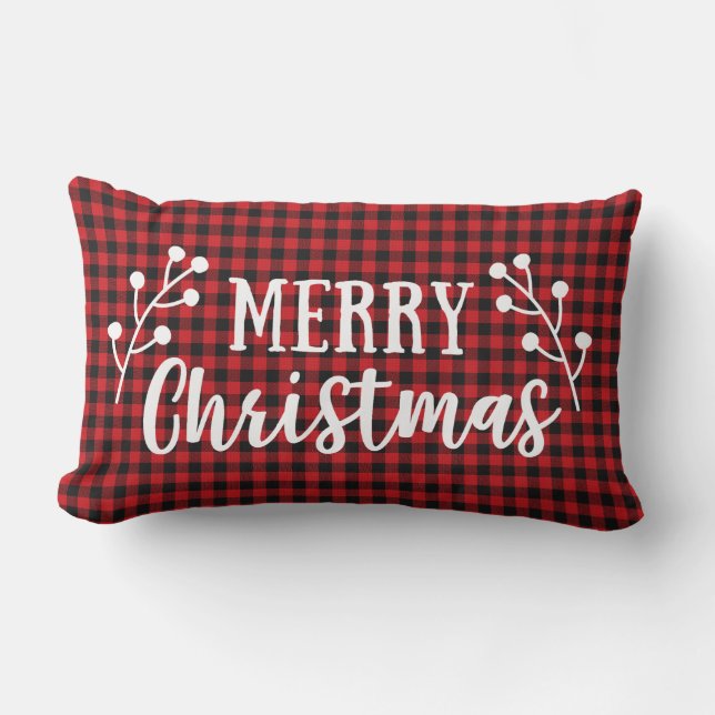 Bauernhaus Script Frohe Weihnachts Buffalo Karo Lendenkissen (Vorderseite)